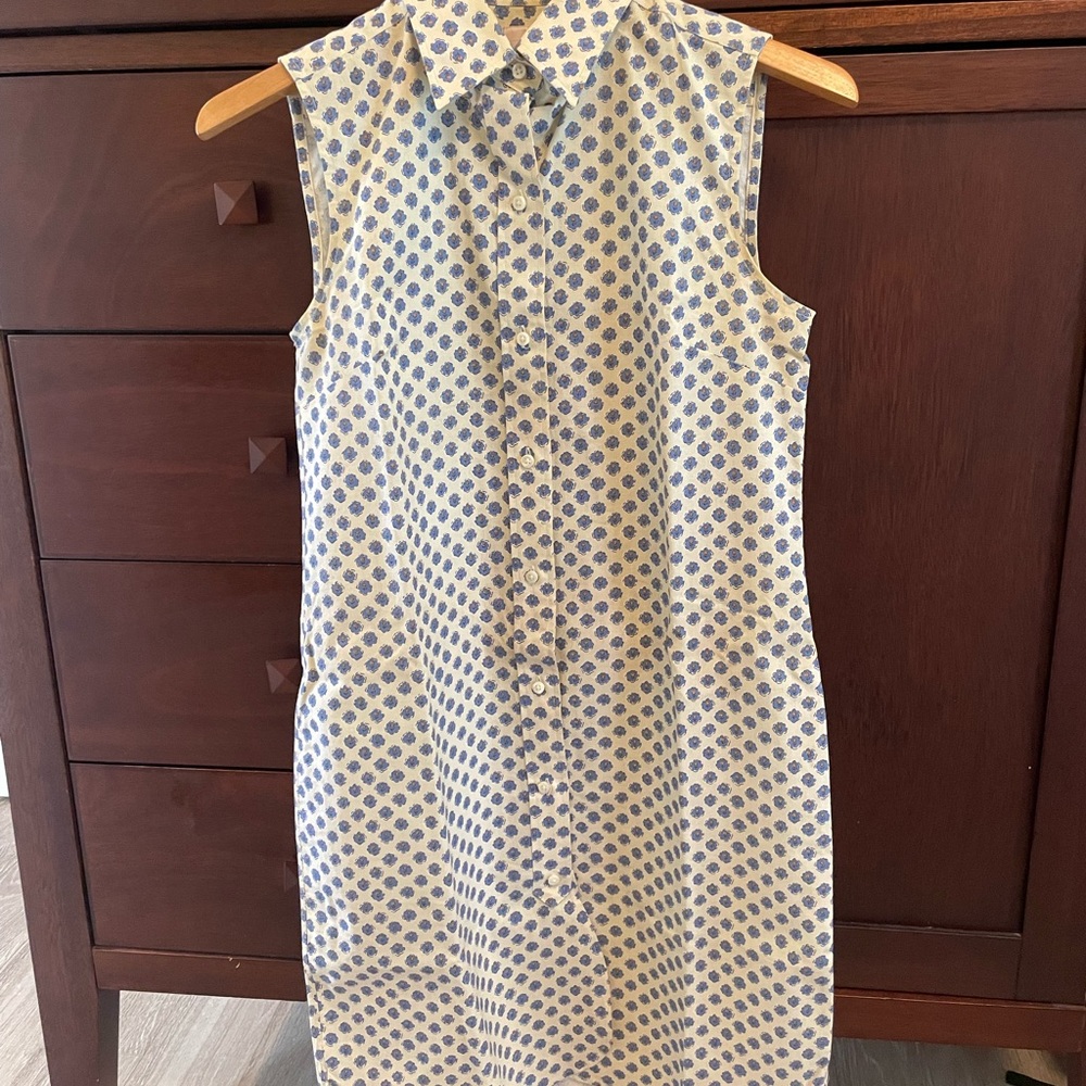 ANN MASHBURN Blue and White Sleeveless Midi Shirtdress | Medium